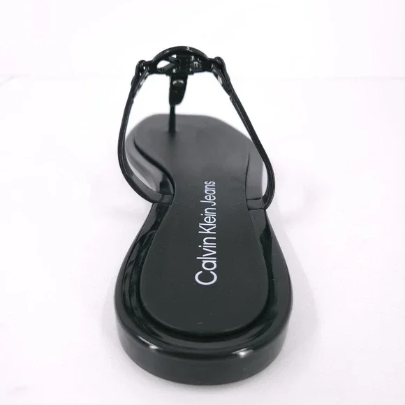 Calvin Klein Edhen Black Flat T Strap Thong Logo Sandals Womens Size 6 M - Picture 4 of 16